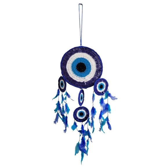 Crocheted Evil Eye Blue and White Dreamcatcher With Feathers and Beads 31" Long - Picture 1 of 7